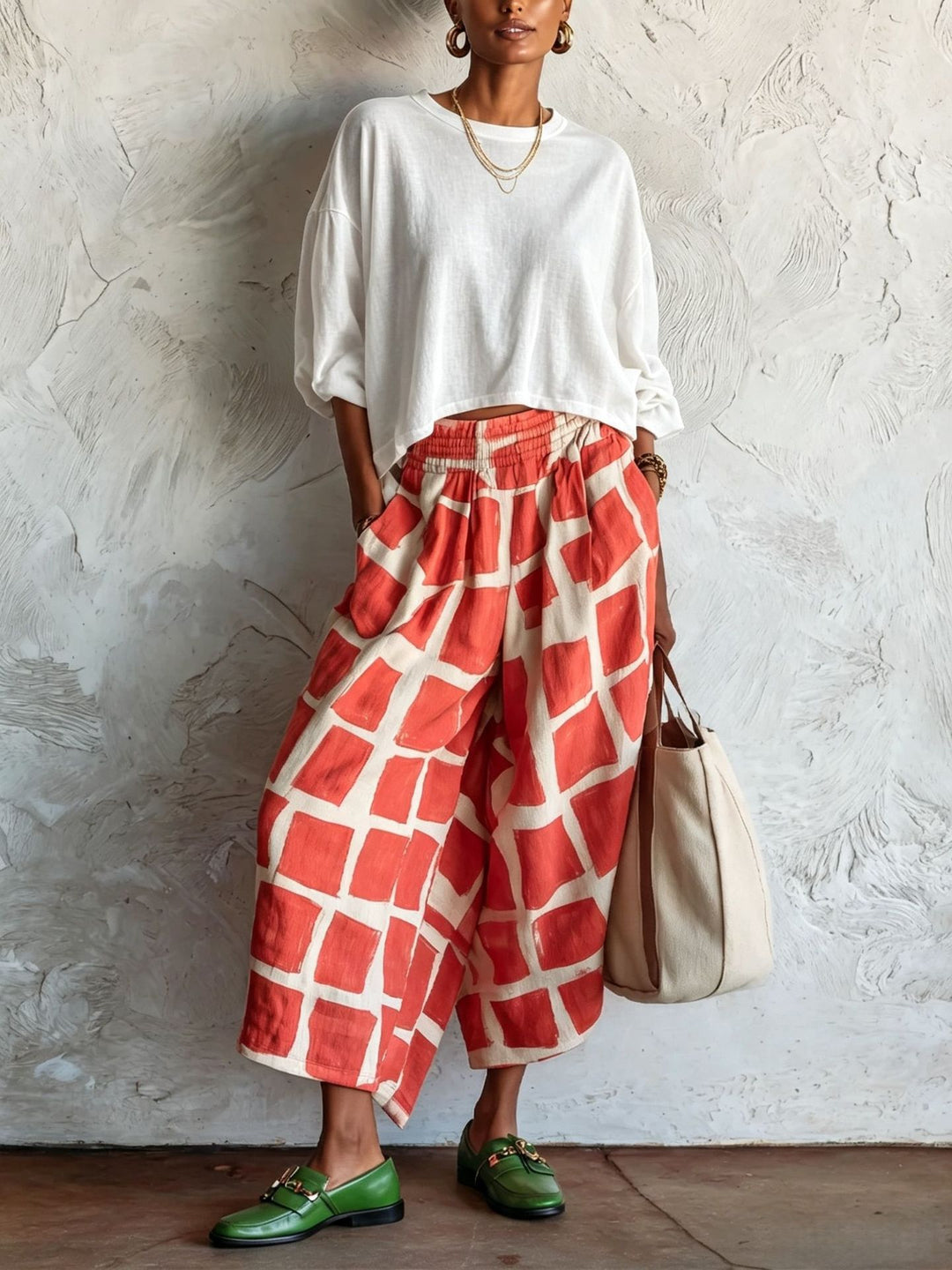 Damen Weite Culotte-Hose aus Leinenmix mit elastischem Bund und grafischem Print Shop Nory