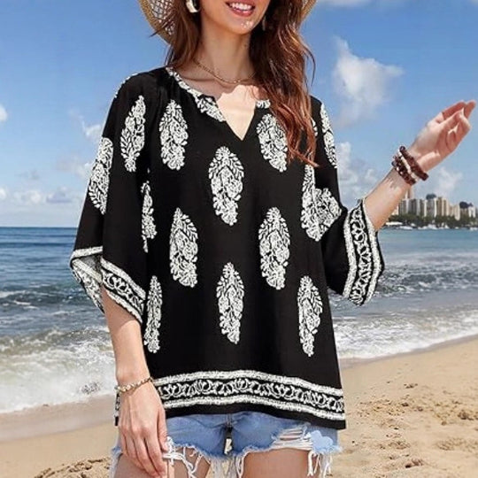 Damen Lockeres Strand-Tunika-Oberteil mit V‑Ausschnitt und Boho‑Print Shop Nory