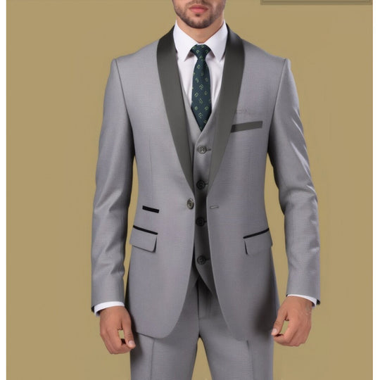 Herren Taillierter Dreiteiliger Smokinganzug mit Schalkragen und Satinrevers Shop Nory