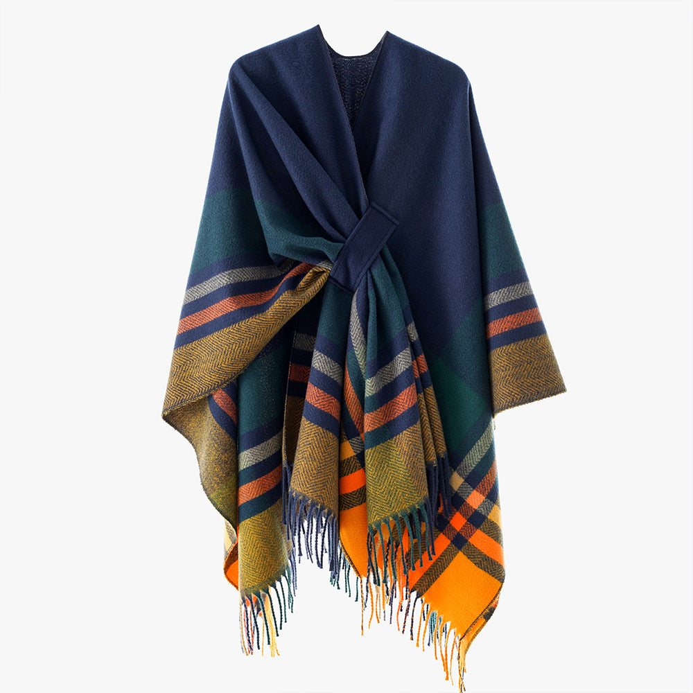 Damen Revers‑Cape aus Wollmischung mit Bindegürtel und Karomuster Shop Nory