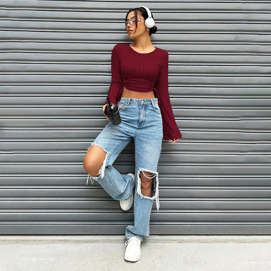 Damen geripptes Cropped-Longsleeve mit seitlicher Tunnelzugraffung, ausgestellten Ärmeln und figurbetonter Passform Shop Nory