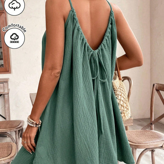 Damen Lockeres Baumwoll‑Gauze‑Trägerkleid mit gerafftem Ausschnitt und A‑Linien‑Silhouette Shop Nory