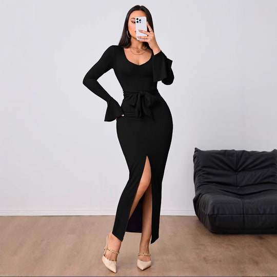Damen figurbetontes Maxikleid mit V-Ausschnitt Trompetenärmeln Taillenband und hohem Seitenschlitz Shop Nory