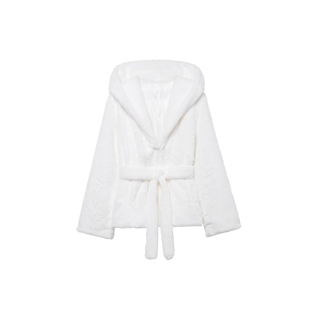 Damen Kuschelige Kunstfell-Kurzjacke mit Schalkapuze und Schleifen-Taillengürtel Shop Nory