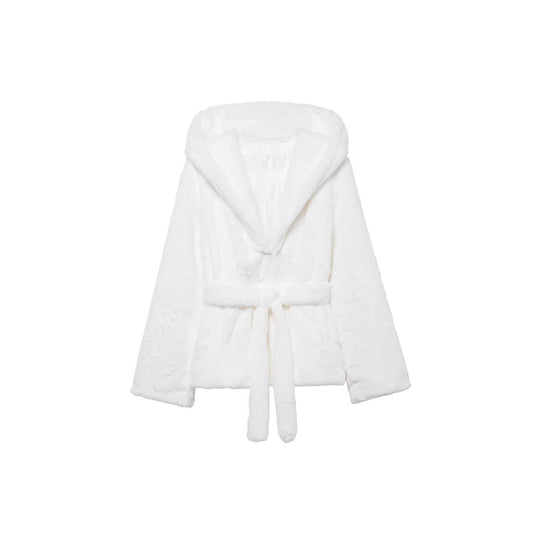 Damen Kuschelige Kunstfell-Kurzjacke mit Schalkapuze und Schleifen-Taillengürtel Shop Nory