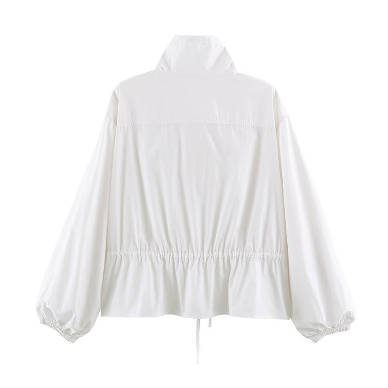 Damen Leichte taillierbare Windjacke mit Stehkragen, Tunnelzug und Ballonärmeln Shop Nory