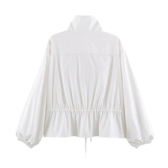 Damen Leichte taillierbare Windjacke mit Stehkragen, Tunnelzug und Ballonärmeln Shop Nory