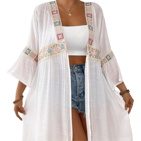 Damen luftiger Strandkimono mit floralen Stickereien