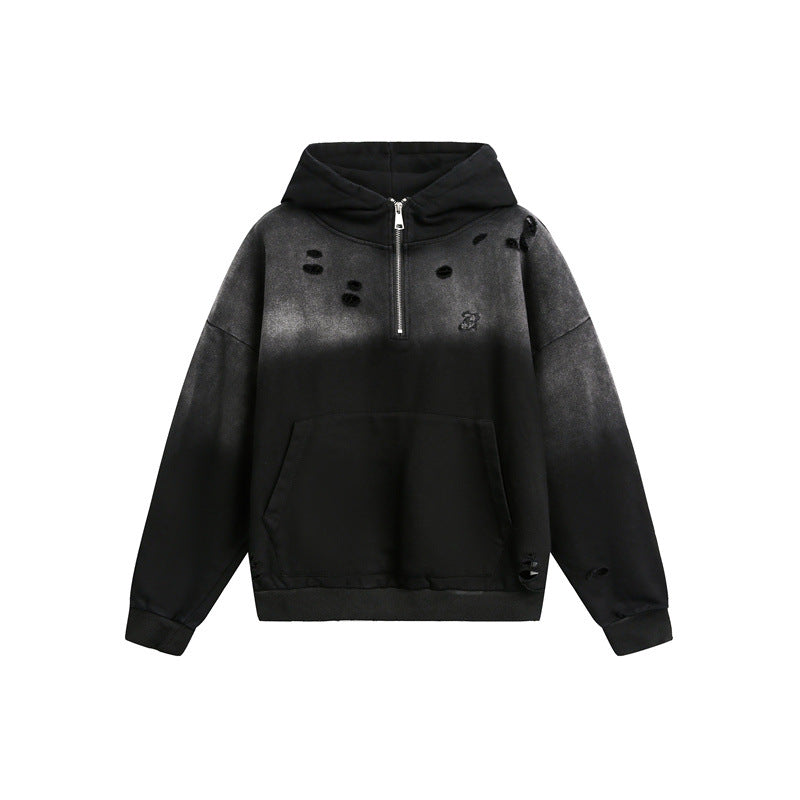 Unisex Oversize Kapuzenpullover mit Halbreißverschluss, Distressed-Details und Kängurutasche Shop Nory