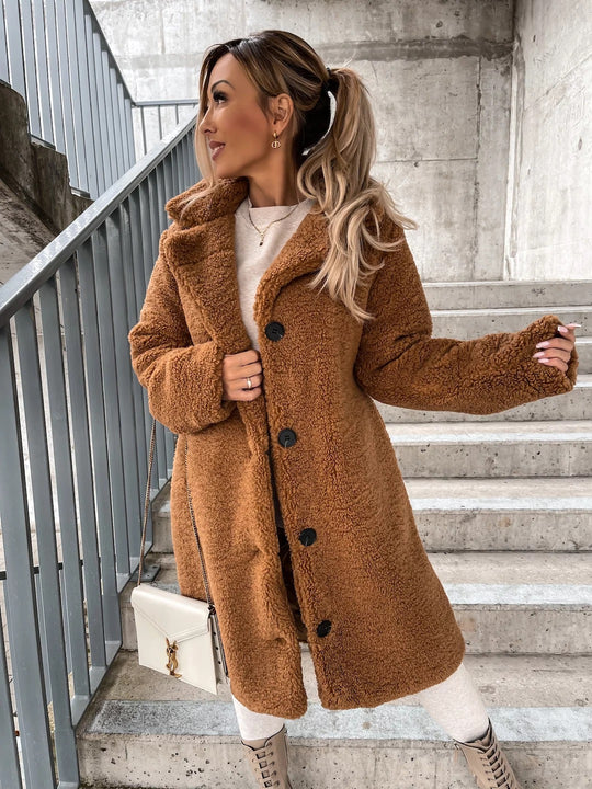 Damen Lange Teddy Faux-Shearling Knopf-Front Mantel mit Reverskragen Shop Nory