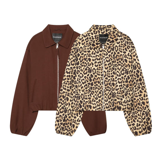 Damen Cropped Bomberjacke im Oversize‑Schnitt mit durchgehendem Reißverschluss und Leopardenmuster Shop Nory
