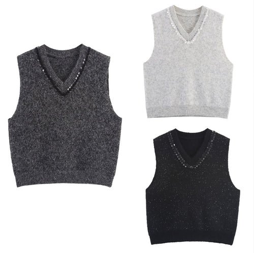 Damen Ärmellose Mohairoptik Strickweste mit V-Ausschnitt und Zierpailletten Shop Nory