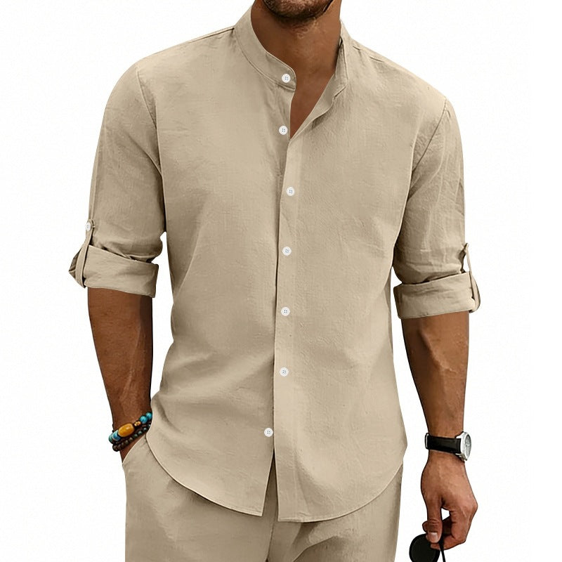 Herren Modernes Leinenmix-Hemd mit Stehkragen, aufrollbaren Ärmeln und schmaler Knopfleiste Shop Nory