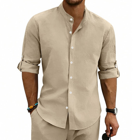 Herren Modernes Leinenmix-Hemd mit Stehkragen, aufrollbaren Ärmeln und schmaler Knopfleiste Shop Nory