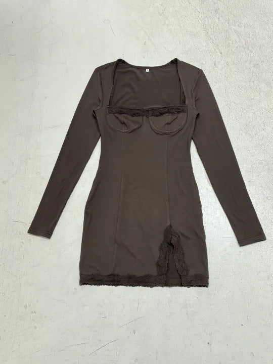 Damen nan figurbetontes Langarm-Minikleid mit Korsettoptik, geformten Cups und Spitzendetail Shop Nory