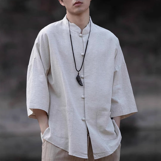 Herren Oversize Hemd im Kimono-Stil aus Leinen-Baumwollmix mit Stehkragen Shop Nory