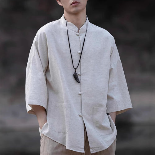 Herren Oversize Hemd im Kimono-Stil aus Leinen-Baumwollmix mit Stehkragen Shop Nory