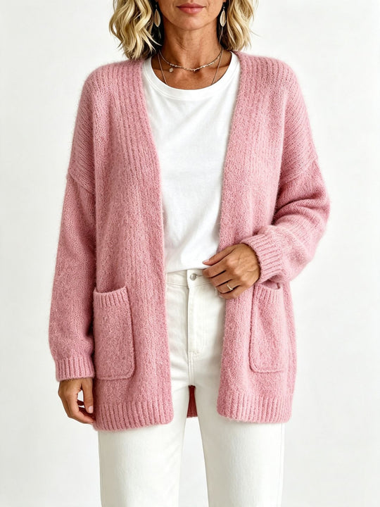 Damen Offener Longcardigan im Mohair-Look mit aufgesetzten Taschen und überschnittener Schulter Shop Nory