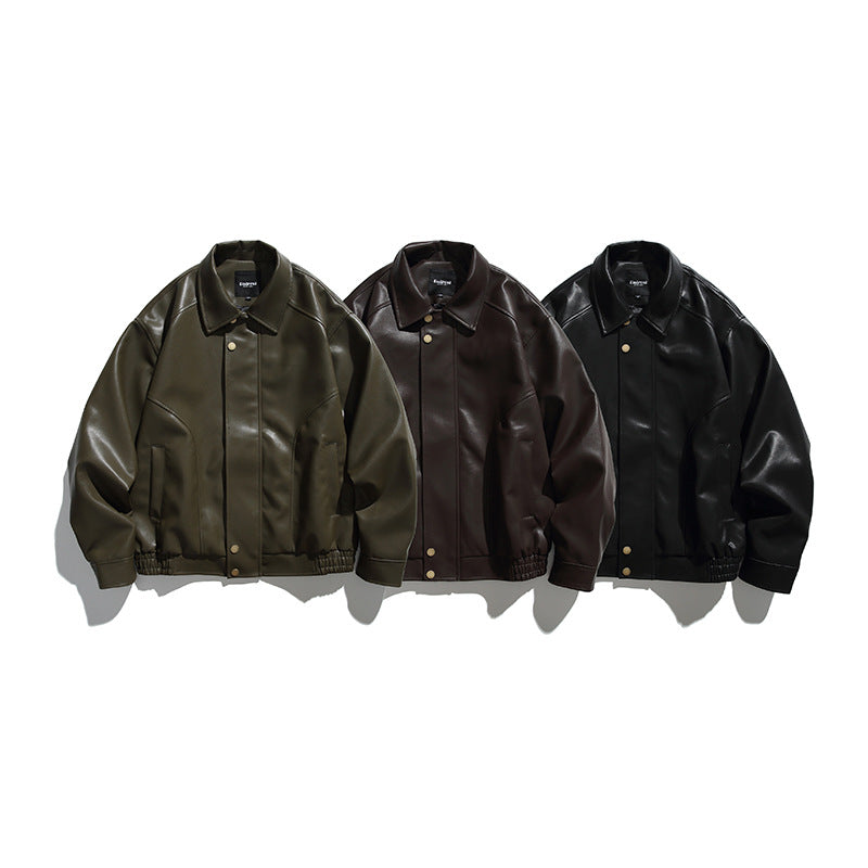 Herren Boxy-Lederimitat-Bomberjacke mit verdeckter Druckknopfleiste, elastischem Saum und aufgesetzten Eingrifftaschen Shop Nory
