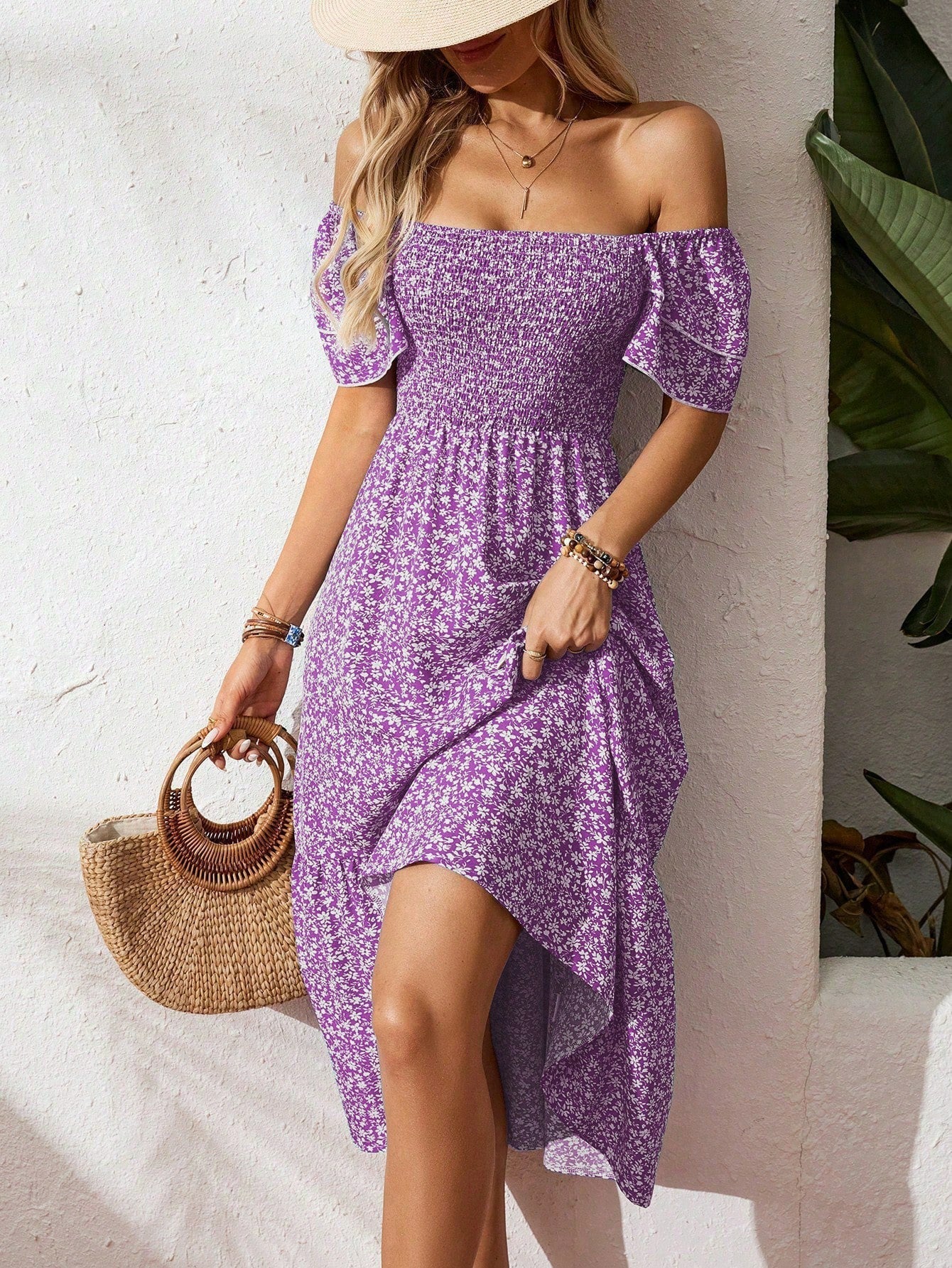 Damen Off-Shoulder Maxikleid mit floralen Mustern und elastischem Oberteil