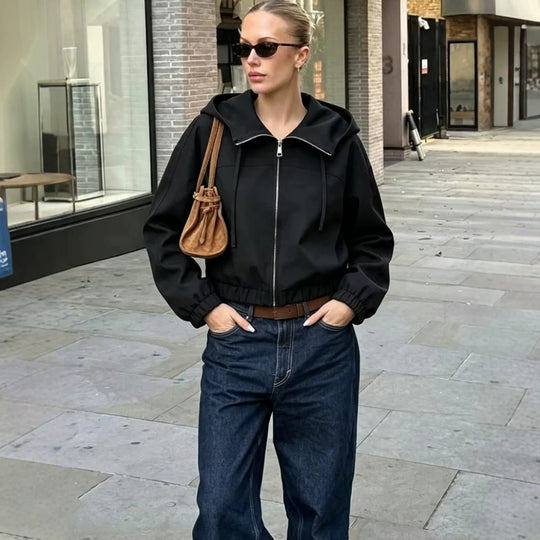 Damen Leichte Kapuzenjacke Cropped mit elastischem Saum Shop Nory