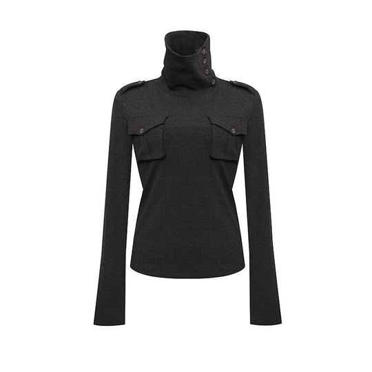 Damen Troyer-Top mit hohem Umschlagkragen, Brustklappen und Schulterriegel Shop Nory