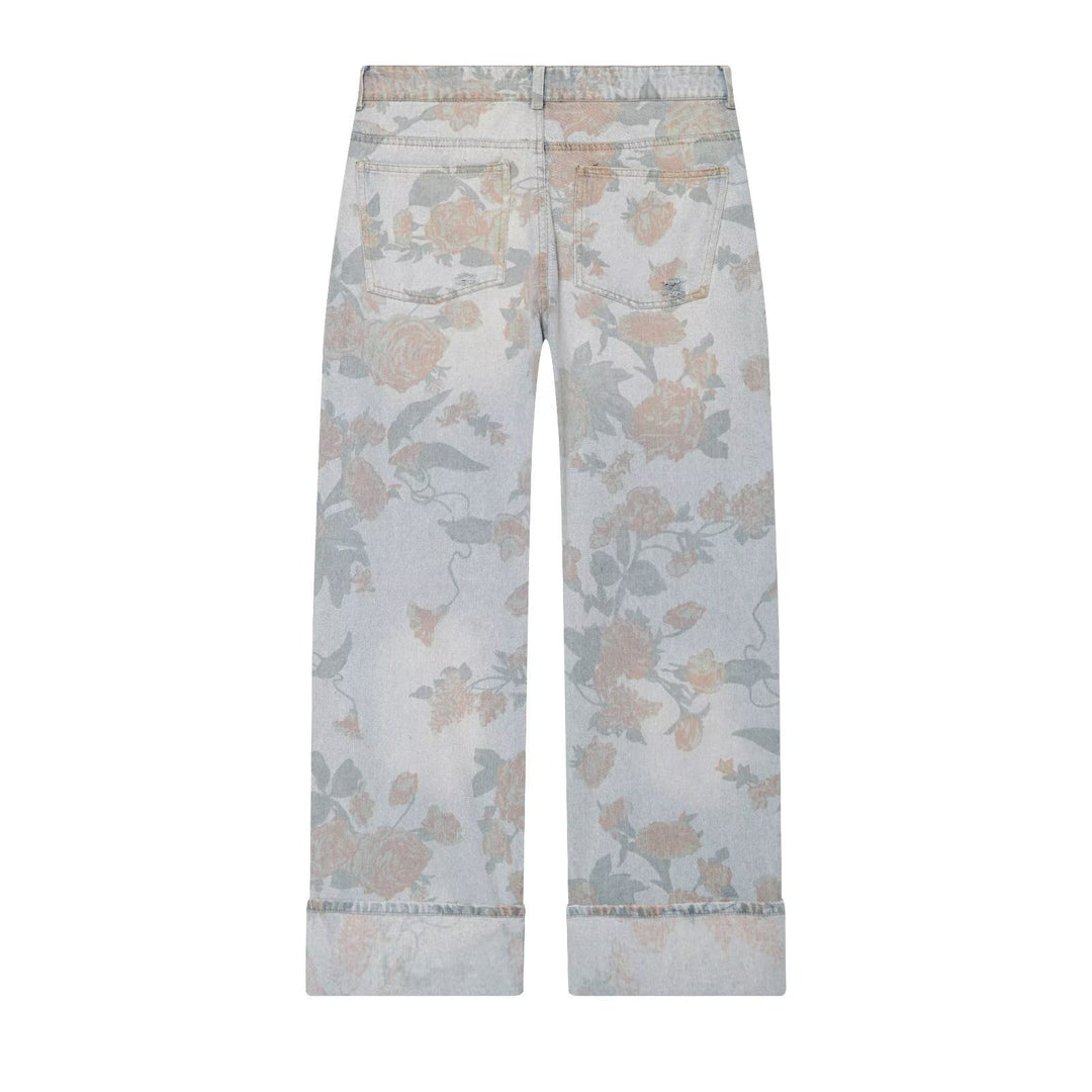Damen Weite Blumenprint-Denimhose mit geradem Bein und Umschlag Shop Nory