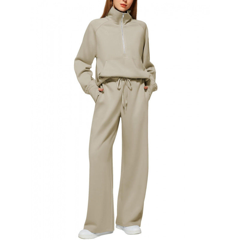 Damen Zweiteiliges Lounge-Set mit Halbreißverschluss, Stehkragen und weiter Palazzohose Shop Nory