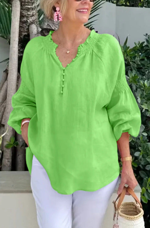 Damen Leichte Bluse mit elastischen Puffärmeln und Knopfleiste