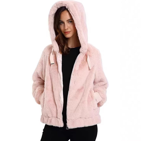 Damen Kapuzen‑Teddyjacke aus weichem Faux‑Fur mit Reißverschluss und Rippbündchen Shop Nory