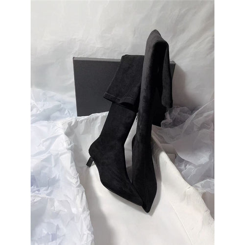 Damen Kniestiefel mit Umschlagschaft, spitzer Zehenform und Kitten‑Absatz Shop Nory
