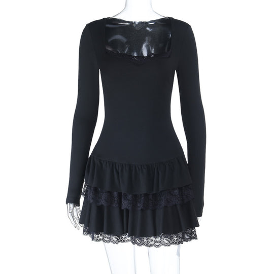Damen figurbetontes Langarm-Minikleid mit quadratischem Ausschnitt und Spitzenvolants Shop Nory