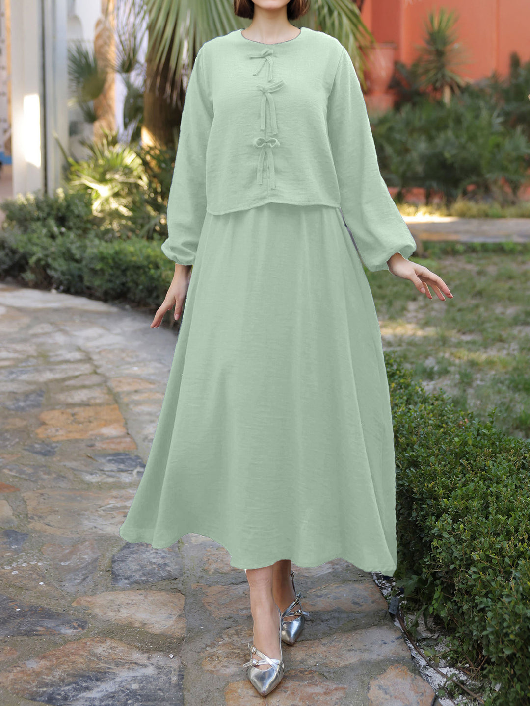 Damen Langes Zweiteiliges Maxikleid mit Überwurf, Rundhals und Zierknoten Shop Nory