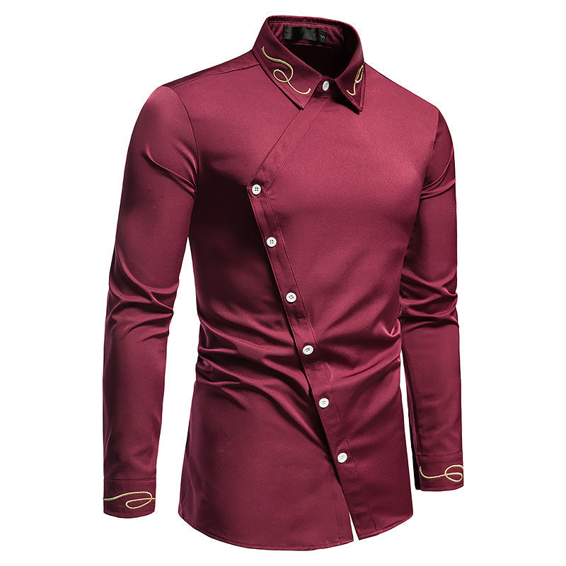 Herren Elegantes Langarmhemd mit asymmetrischem Knopfdesign und gesticktem Kragen