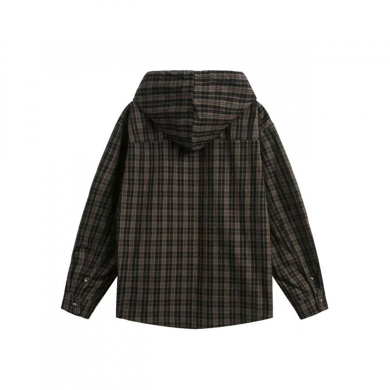 Unisex Weite karierte Kapuzen-Hemdjacke aus Baumwollflanell mit aufgesetzter Brusttasche Shop Nory