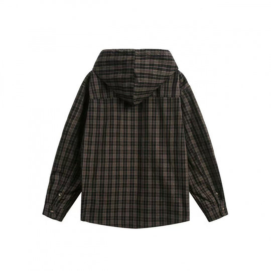 Unisex Weite karierte Kapuzen-Hemdjacke aus Baumwollflanell mit aufgesetzter Brusttasche Shop Nory
