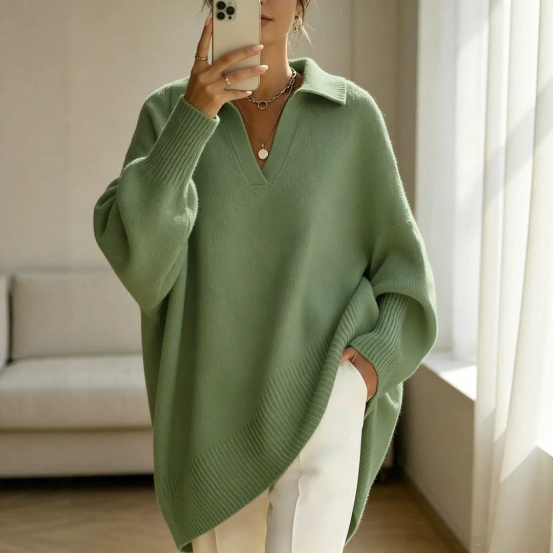 Damen Oversize-Polokragen V-Ausschnitt Strickpullover mit Ballonärmeln Shop Nory