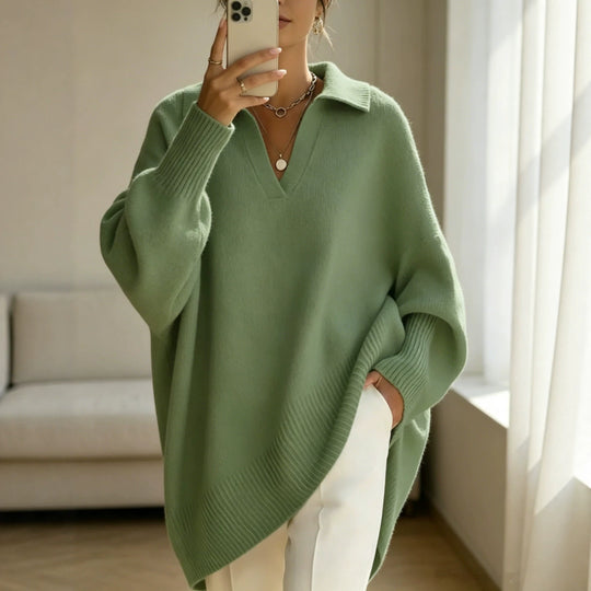Damen Oversize-Polokragen V-Ausschnitt Strickpullover mit Ballonärmeln Shop Nory