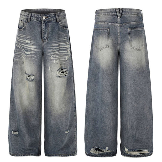 Damen Weite Destroyed Denim-Culotte-Jeans mit hoher Taille und Used-Effekt Shop Nory