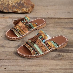 Damen Boho-Ethno-Quasten-Pantoletten mit geflochtener Sohle und gepolstertem Fußbett Shop Nory