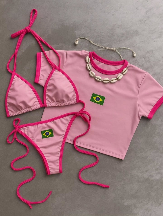 Damen Bikini-Set mit sportlichem Crop-Top und trendigem Brasilien-Flaggen-Design Shopnory