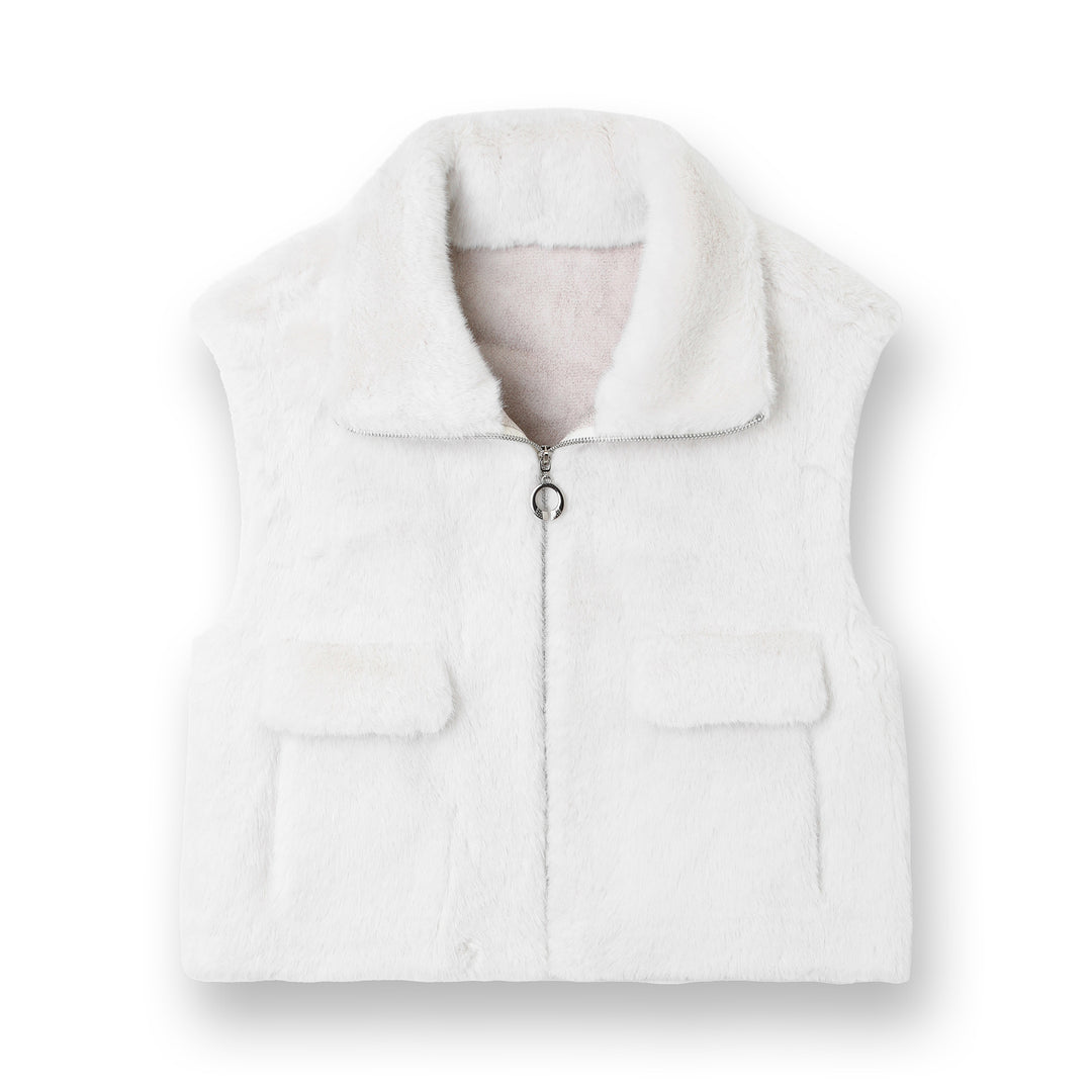 Damen Ärmellose Kunstfell‑Weste mit Stehkragen, Reißverschluss und Pattentaschen Shop Nory