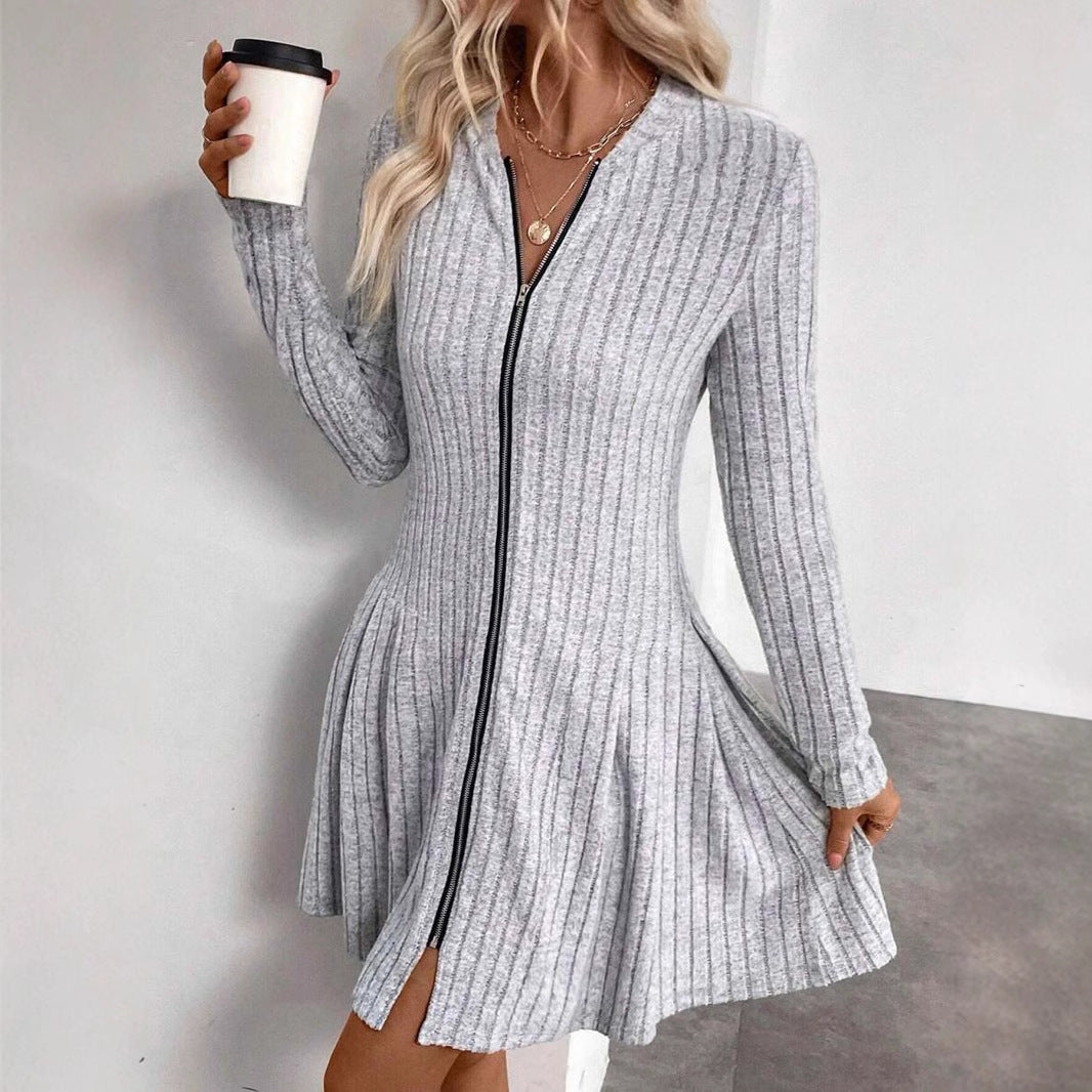 Damen Geripptes Strickkleid mit Frontreißverschluss und A-Linien-Silhouette Shop Nory