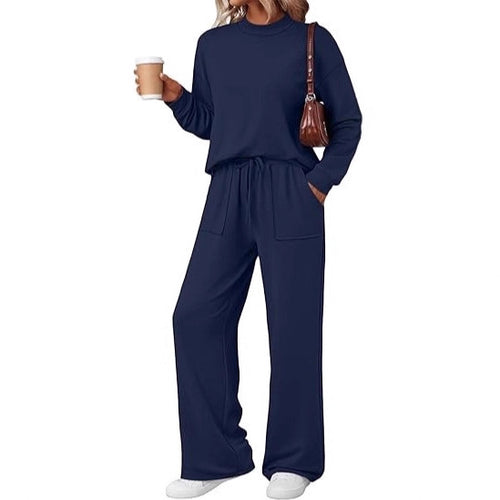 Damen Loungewear-Zweiteiler aus weichem Jersey mit Rundhalsausschnitt und weitem Kordelzug-Hose Shop Nory