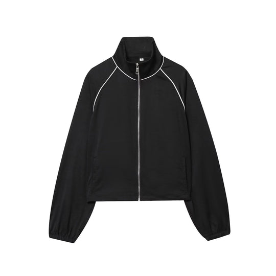 Damen Cropped Sportive Trainingsjacke mit Stehkragen und Kontrastpaspel Shop Nory