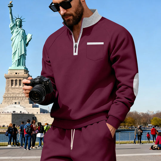 Herren nan Fleece-Quarterzip Pullover mit Brusttasche und Ellbogenpatches Shop Nory