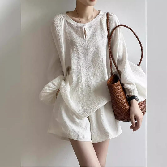 Damen Lockeres Leinen-Set mit Rundhalsausschnitt, Schlitzbluse und weiten Shorts Shop Nory