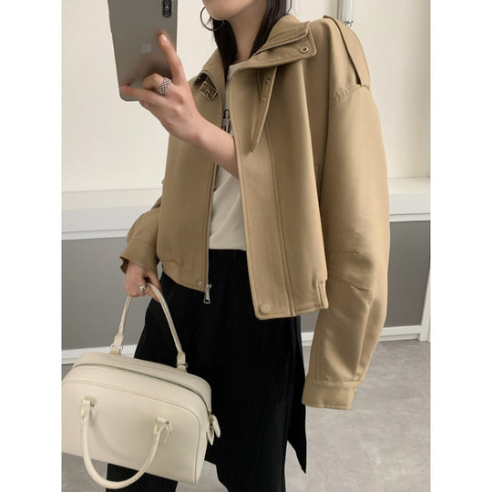 Damen Kurze Bomberjacke im Trench-Style mit hohem Stehkragen und Schulterpatten Shop Nory