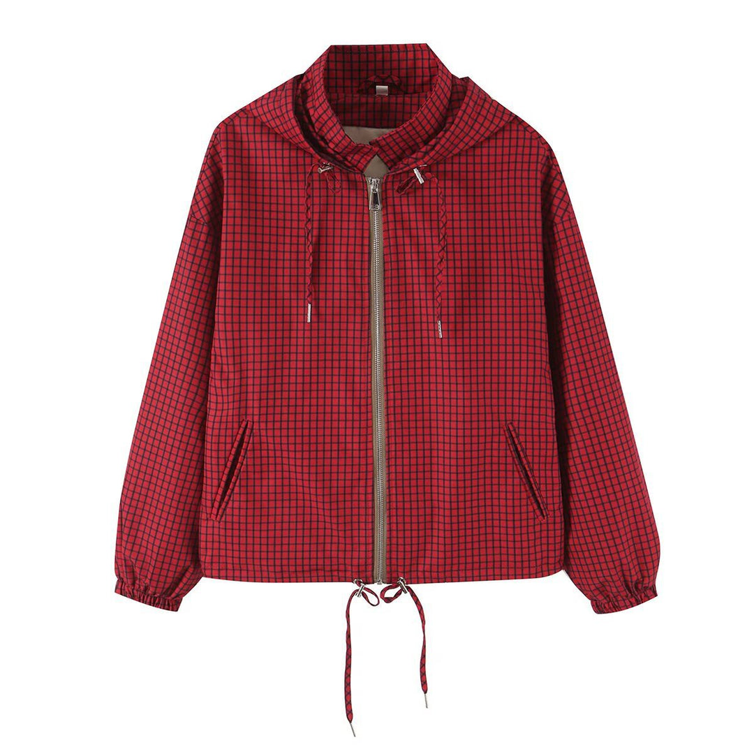 Damen Leichte Kapuzen-Boxy-Übergangsjacke mit Karo-Gitterprint, Tunnelzug und Elastikbündchen Shop Nory