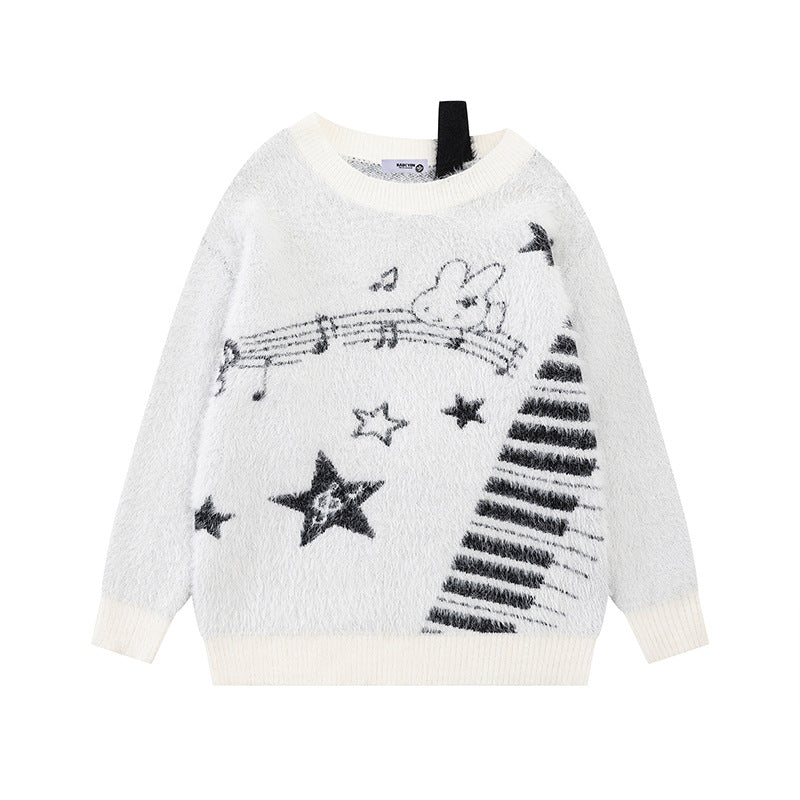 Damen Kuscheliger Strickpullover mit Cartoon-Noten- und Sternmotiv Shop Nory